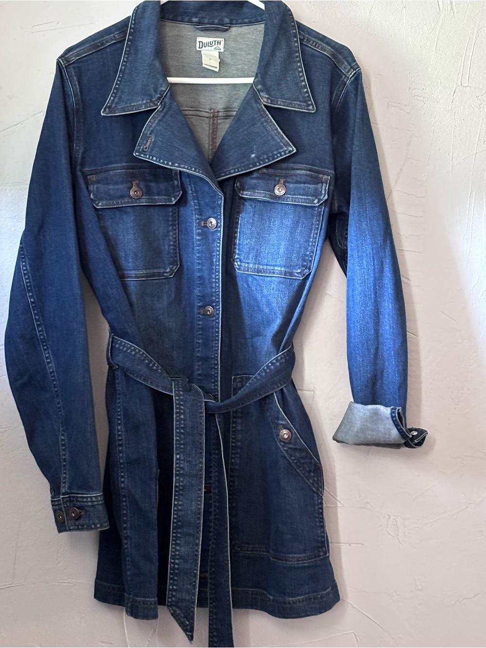 Duluth Trading Co Dark Blue Denim Belted Trench Jacket